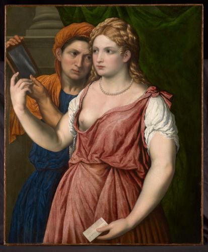 A Young Woman Holding a Mirror with Her Servant (A Bella)