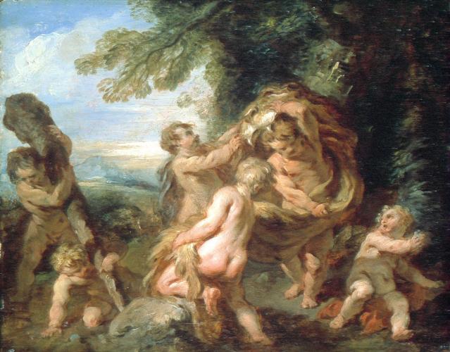 Putti playing with the accoutrements of Hercules
