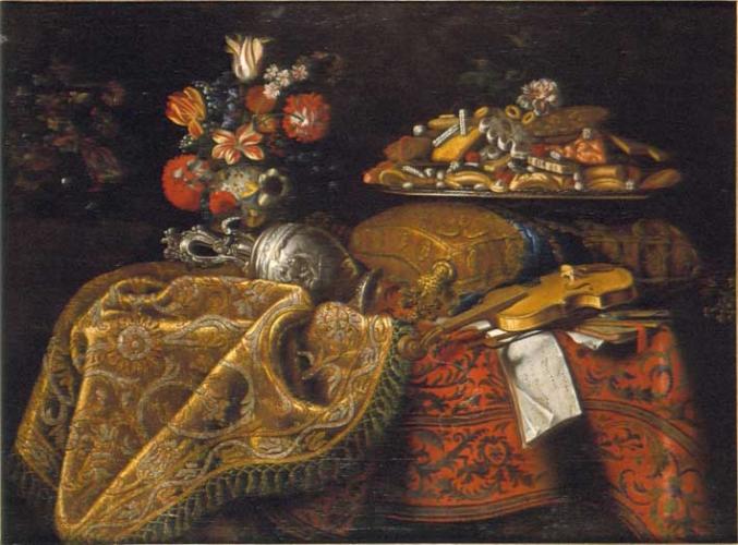 Still Life with flowers, sweetmeats and a violin