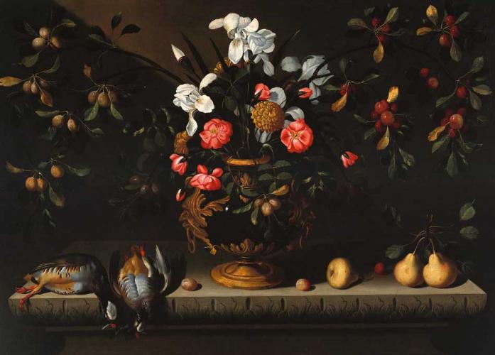 Still Life with Vase of Flowers, Partridges and Pears